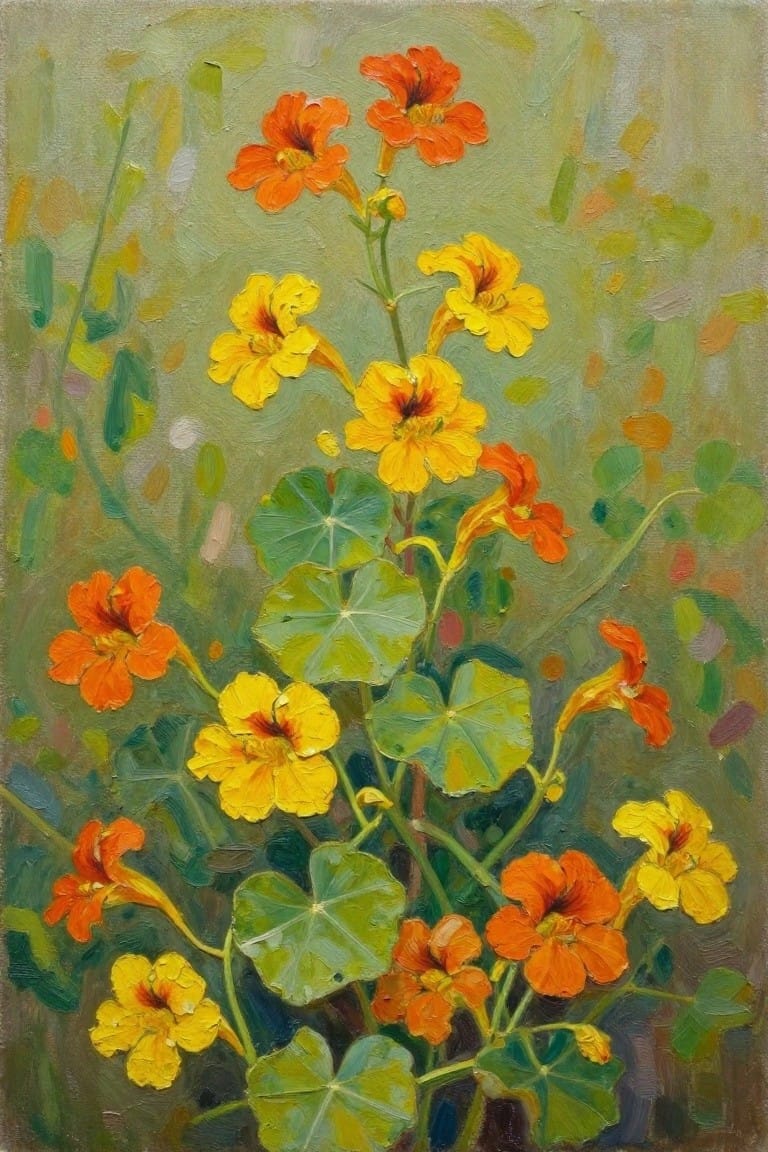 Vibrant orange and yellow nasturtium flowers with green leaves in an oil painting.