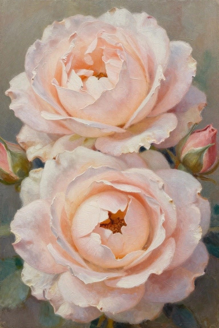 Two large pale pink roses in full bloom with smaller buds, painted in oil with soft textures against a neutral background.