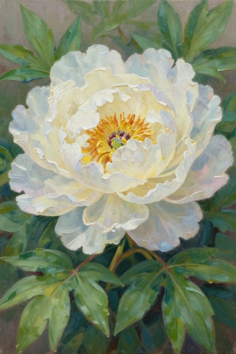 Large white peony with ruffled petals, yellow-orange center, and lush green leaves