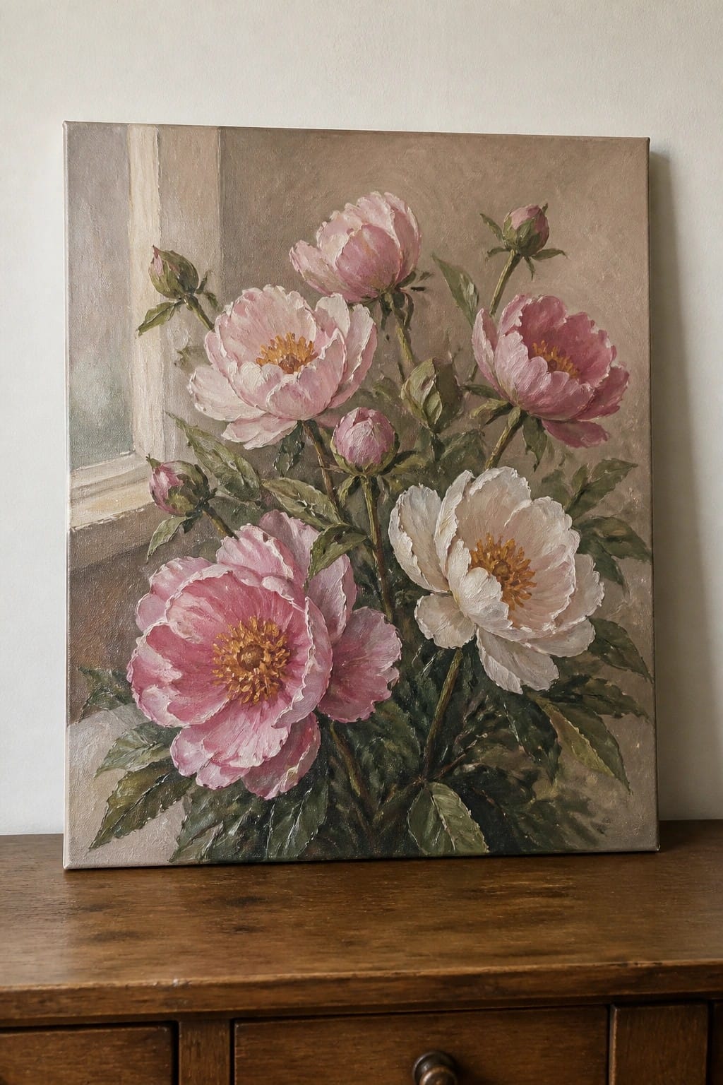 Painting of pink and white peonies on wooden dresser against wall.