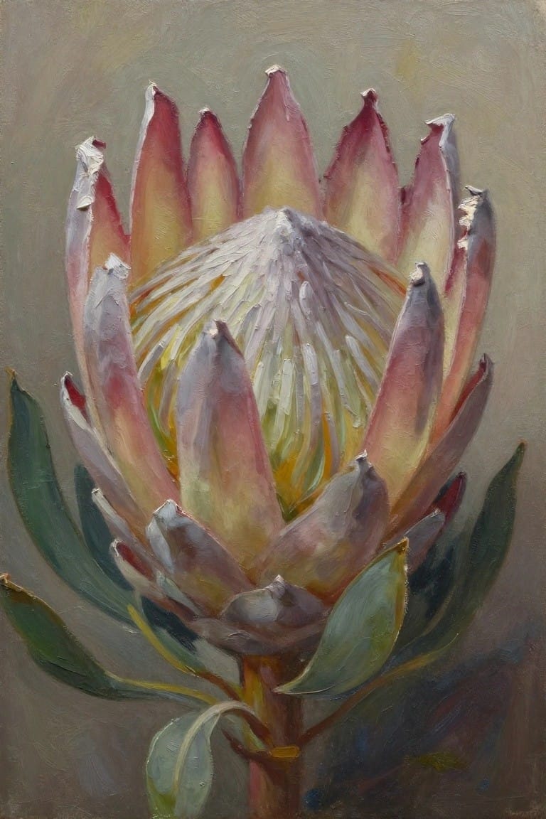 A realistic oil painting of a protea flower with pink and yellow petals surrounding a textured white and gray center, with green leaves below against a muted gray background.