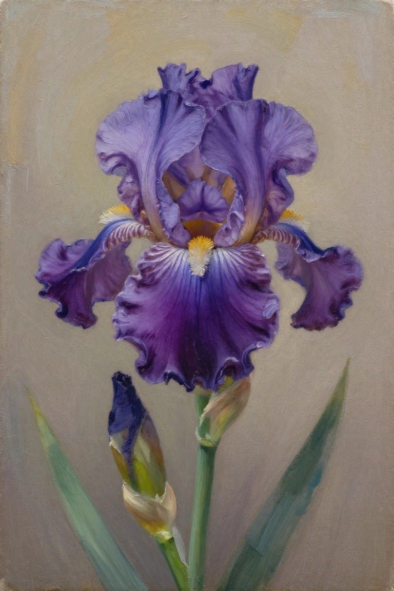 Purple iris bloom with ruffled petals, yellow center, buds, and leaves on neutral background
