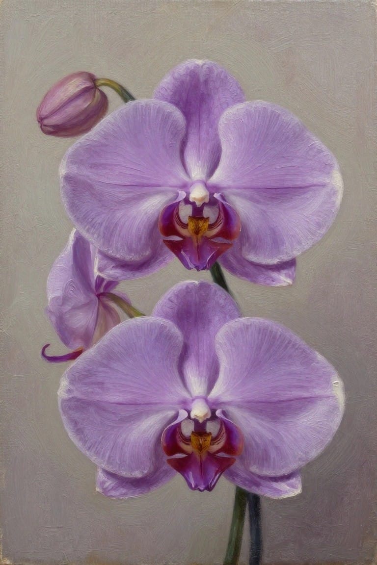 Purple orchids with magenta centers and a bud on a muted gray background