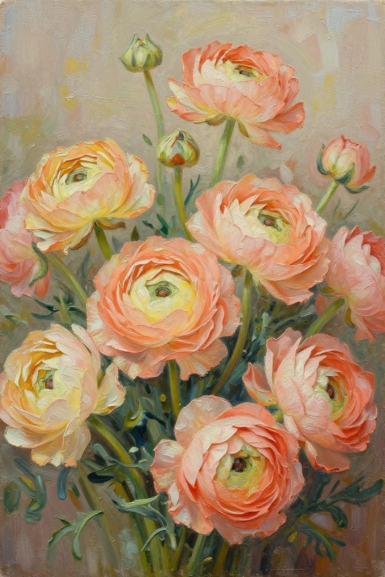 An oil painting of several peach, coral, and yellow ranunculus flowers with green stems and buds against a muted background.