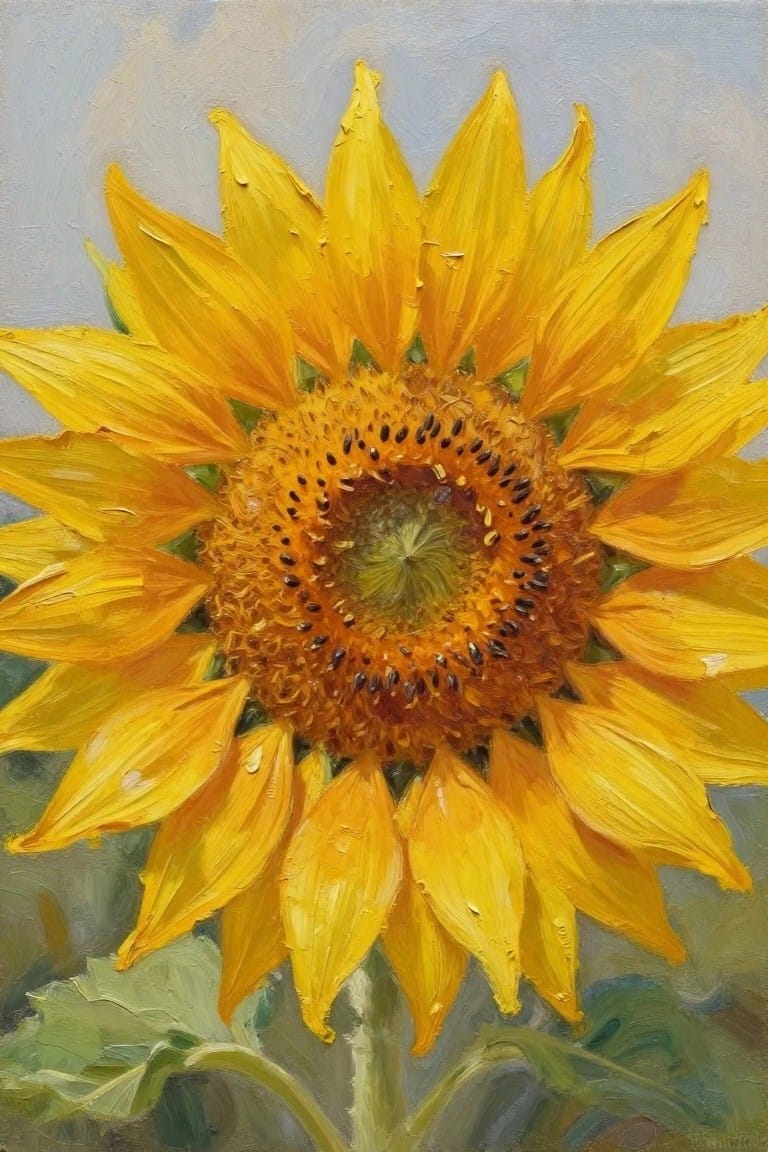 Vibrant yellow sunflower with textured petals and seeded brown center in oil painting
