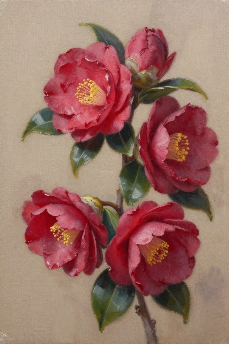 Realistic oil painting of red camellias with yellow centers and green leaves on beige.