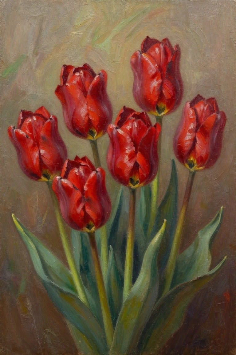 Several red tulips with green stems and leaves in oil painting style