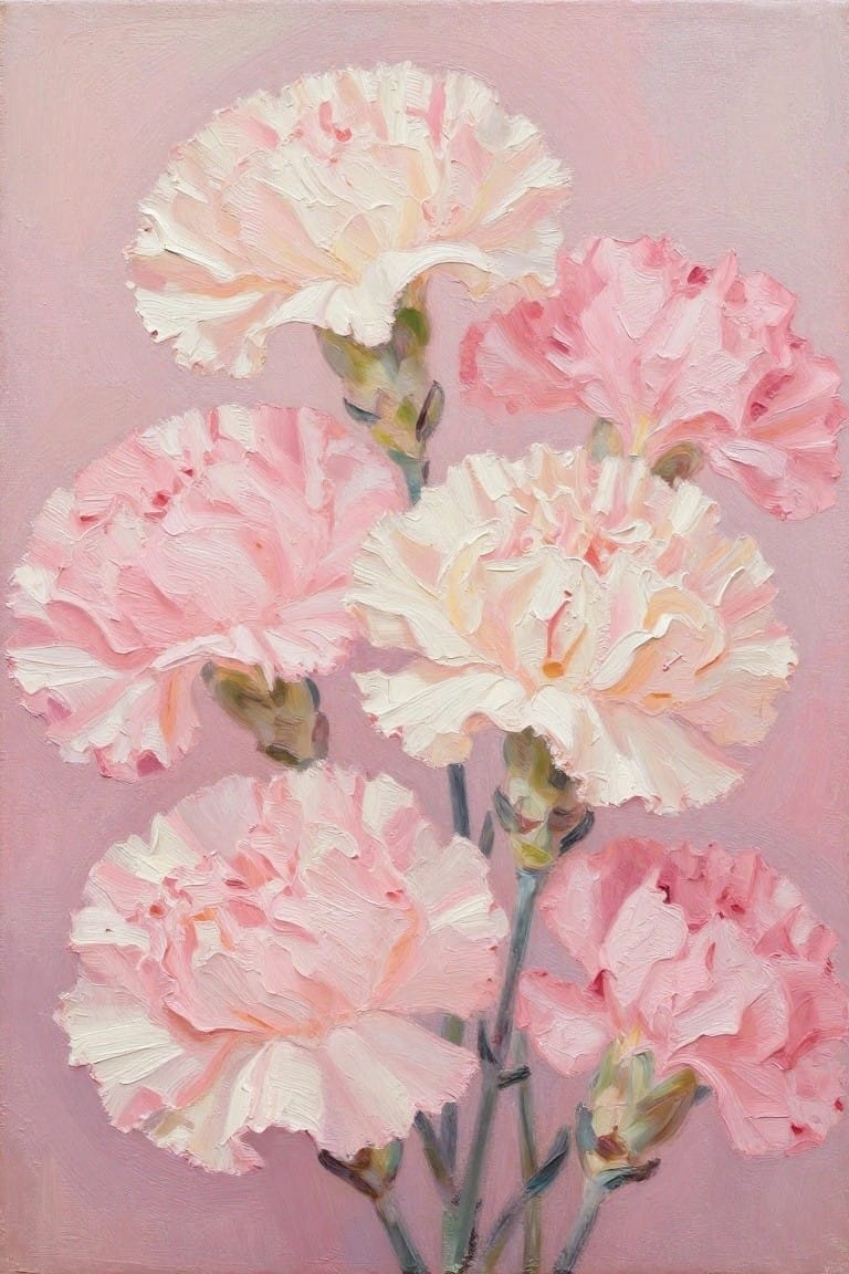 Oil painting of pink and white carnations with thick brushstrokes on pink background.