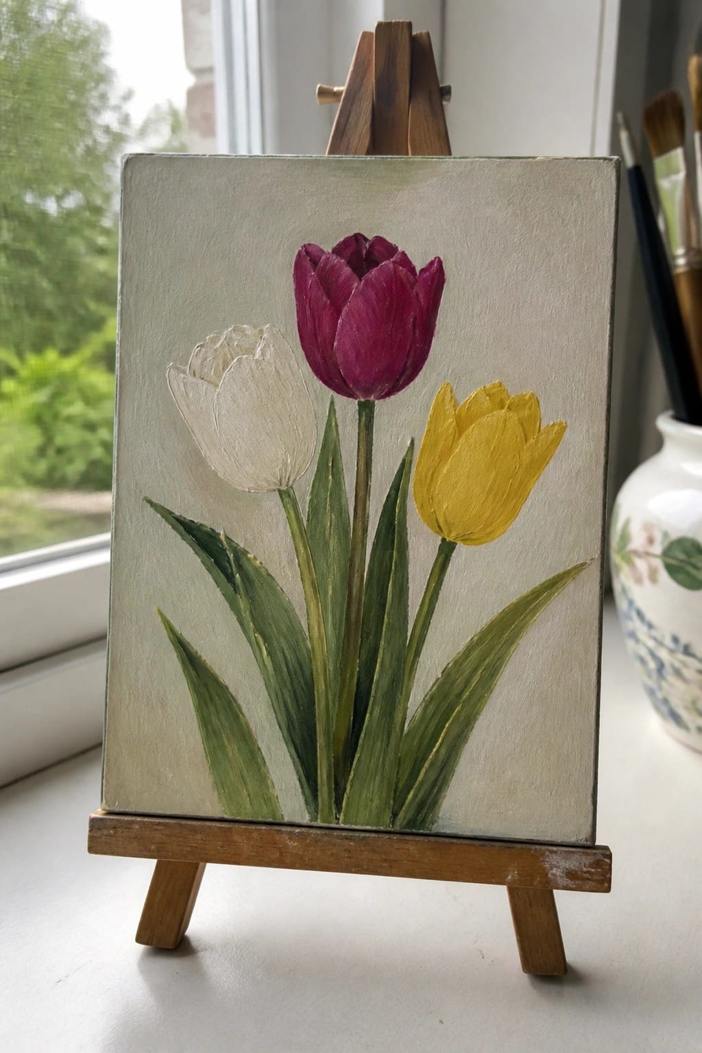 Three tulips in white, magenta, and yellow on small canvas easel.