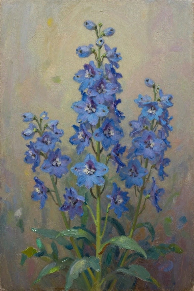 Painting of tall blue delphiniums with purple accents and green leaves on muted background