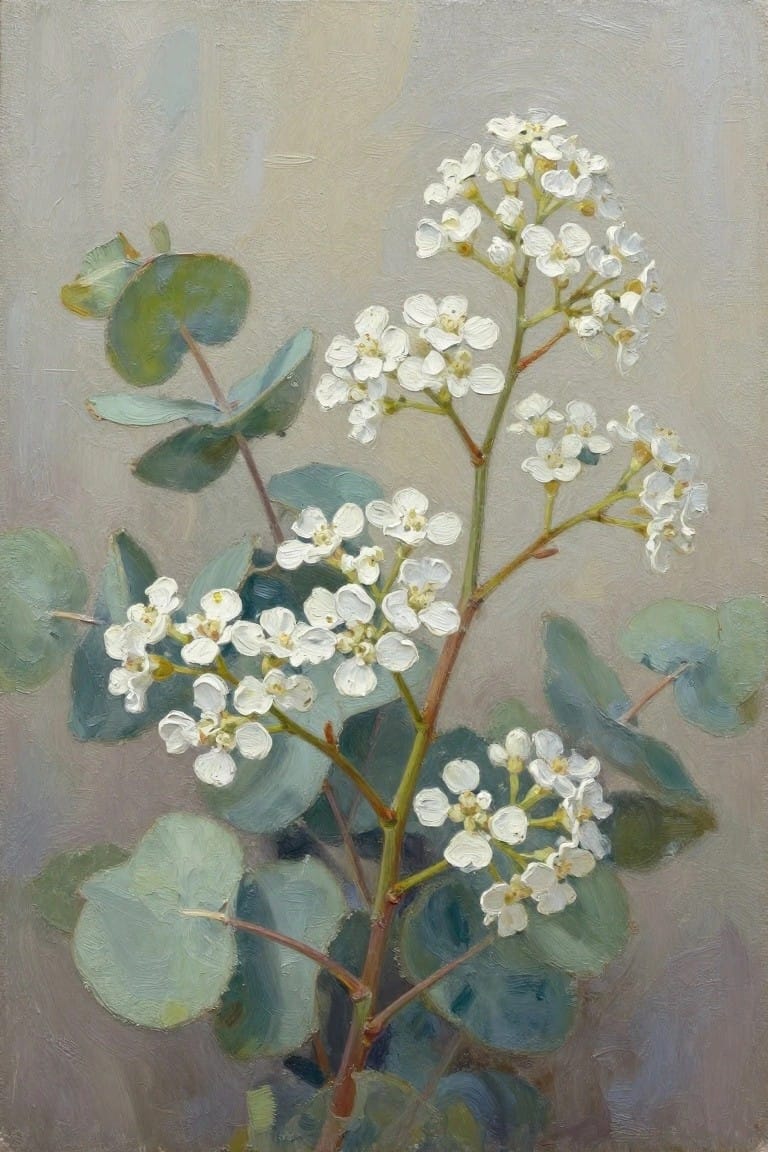 White flower clusters on branches with round green leaves in oil painting