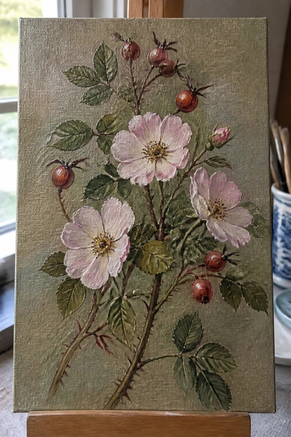 Oil painting of pink wild roses, red hips, and thorny green stems on canvas
