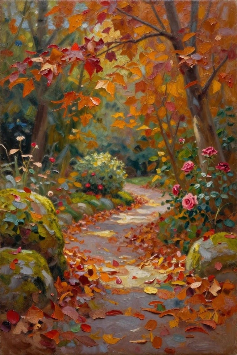 Vibrant autumn path winding through woods amid colorful fallen leaves and roses.