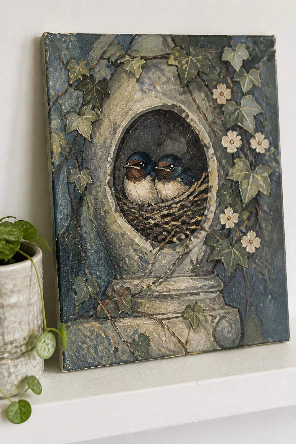 Textured artwork of two birds in nest within ivy-covered stone arch beside plant.