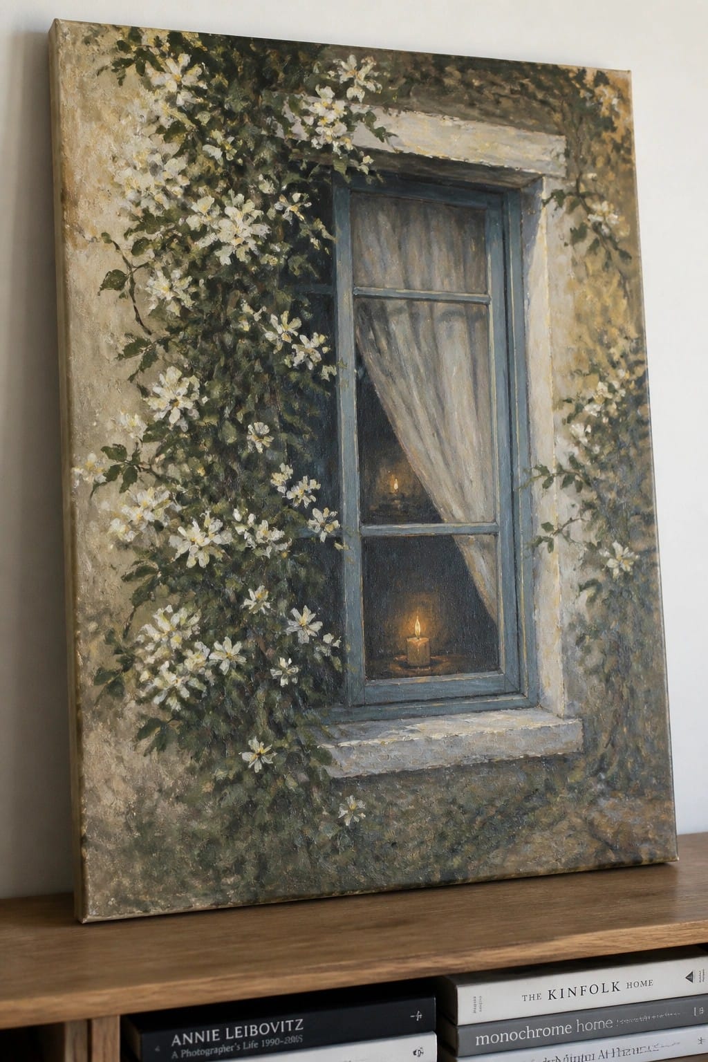 Painting of candlelit window with white flowers and vines above books