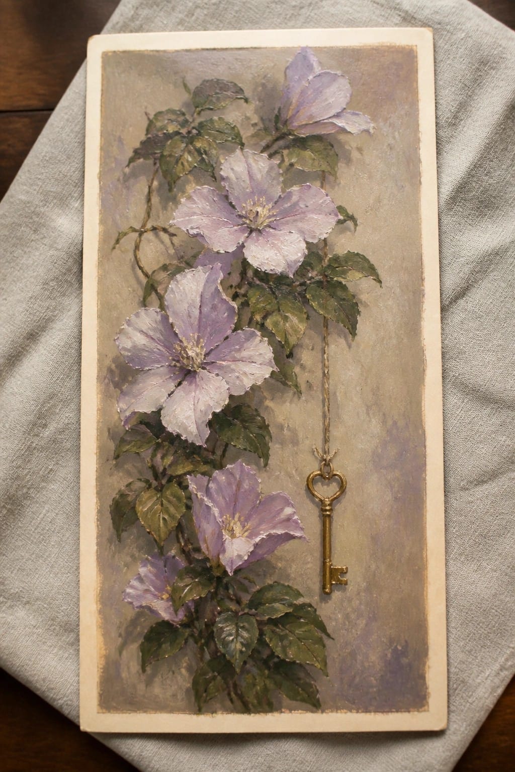 Purple clematis flowers with leaves beside hanging golden key on twine
