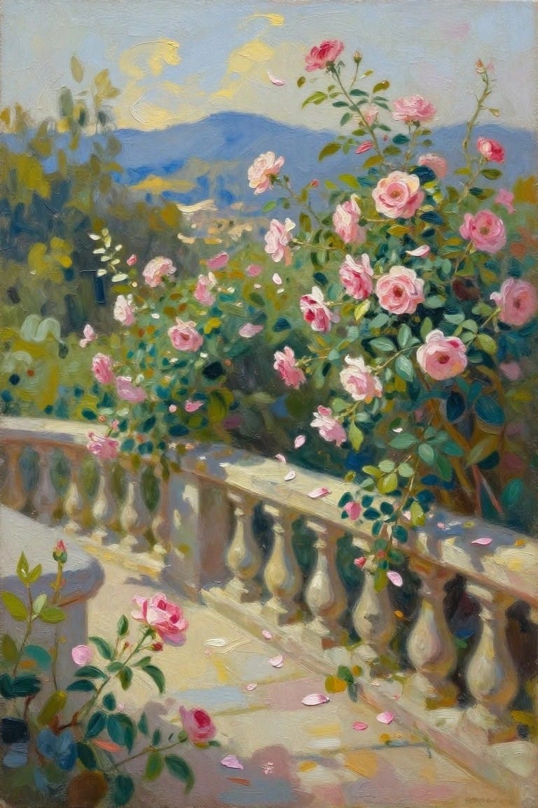 Pink roses bloom over a stone balcony railing overlooking blue mountains.