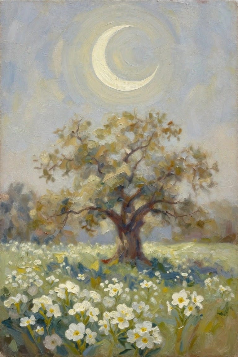 An oil painting shows a tree with light foliage standing in a field of white flowers beneath a crescent moon in a swirling sky.