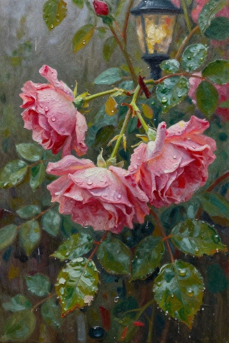 Pink roses with water droplets beside a glowing lantern at night.