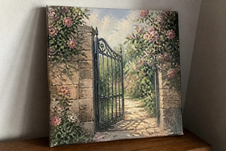 23 Romantic Secret Garden Oil Painting Ideas for Storybook-Inspired Scenes Open ornate black gate beside brick wall covered in pink roses on garden path