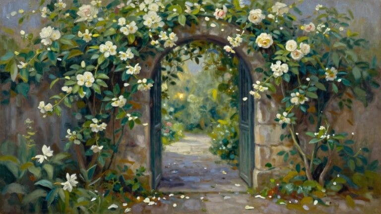 Open wooden gates in flower-draped stone archway overlooking lantern-lit garden path