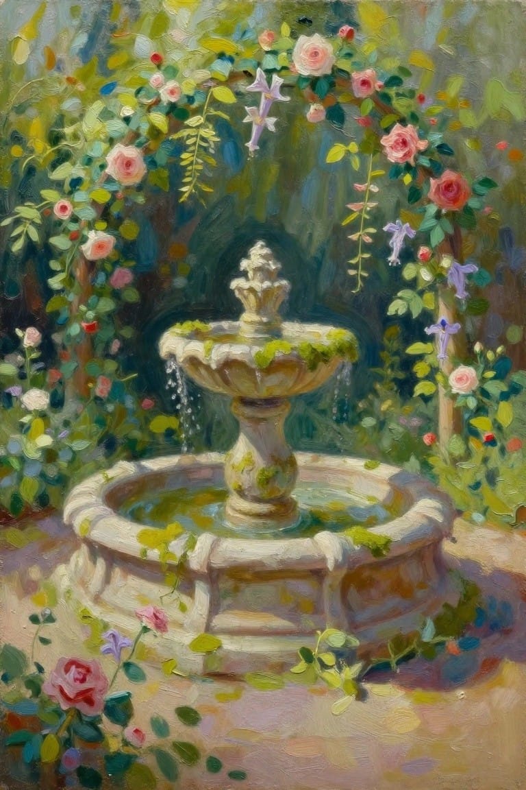 Stone fountain with flowing water amid blooming pink roses in lush garden painting