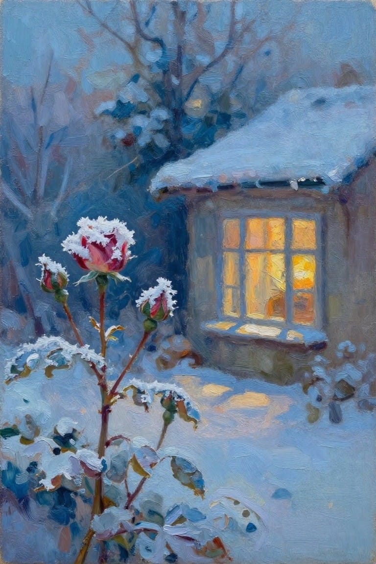 Snow-covered roses before a warmly glowing window on a snowy cottage