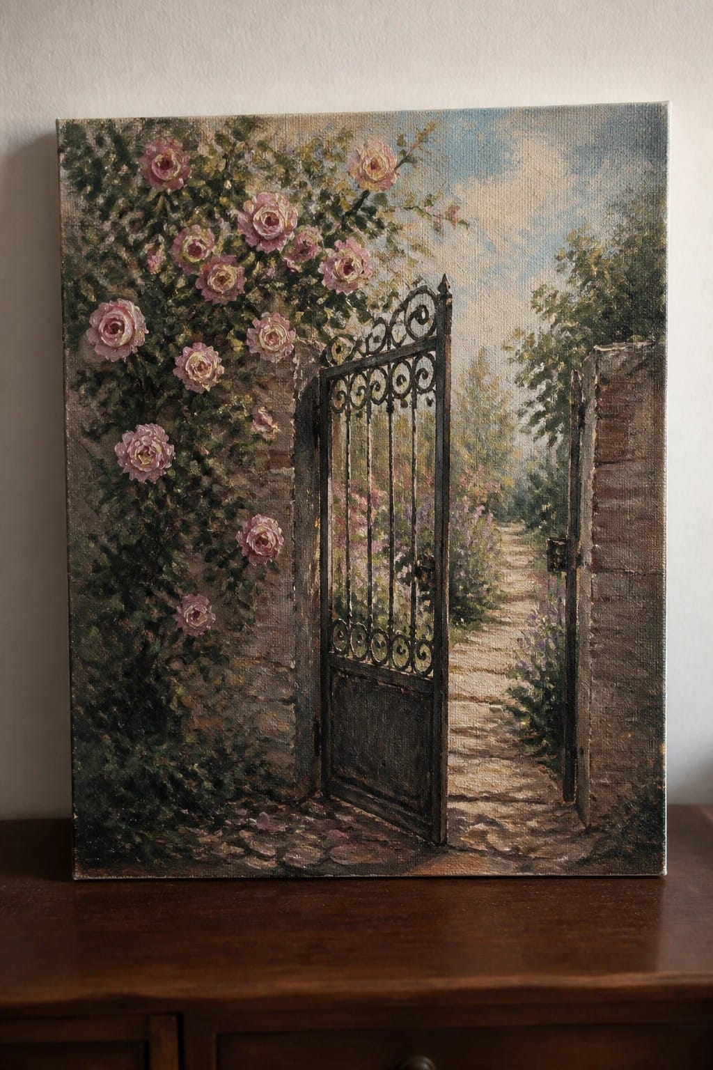 Open ornate black gate beside brick wall covered in pink roses on garden path