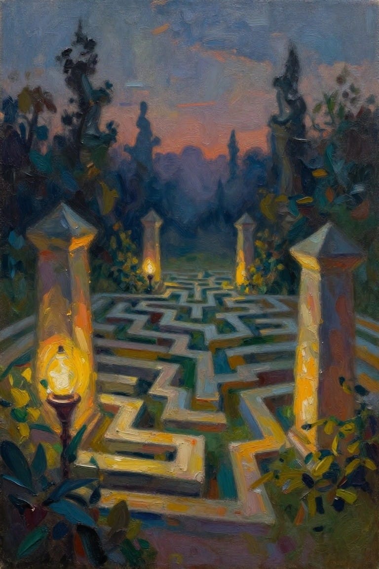 Glowing lanterns frame a winding hedge maze under a vibrant twilight sky