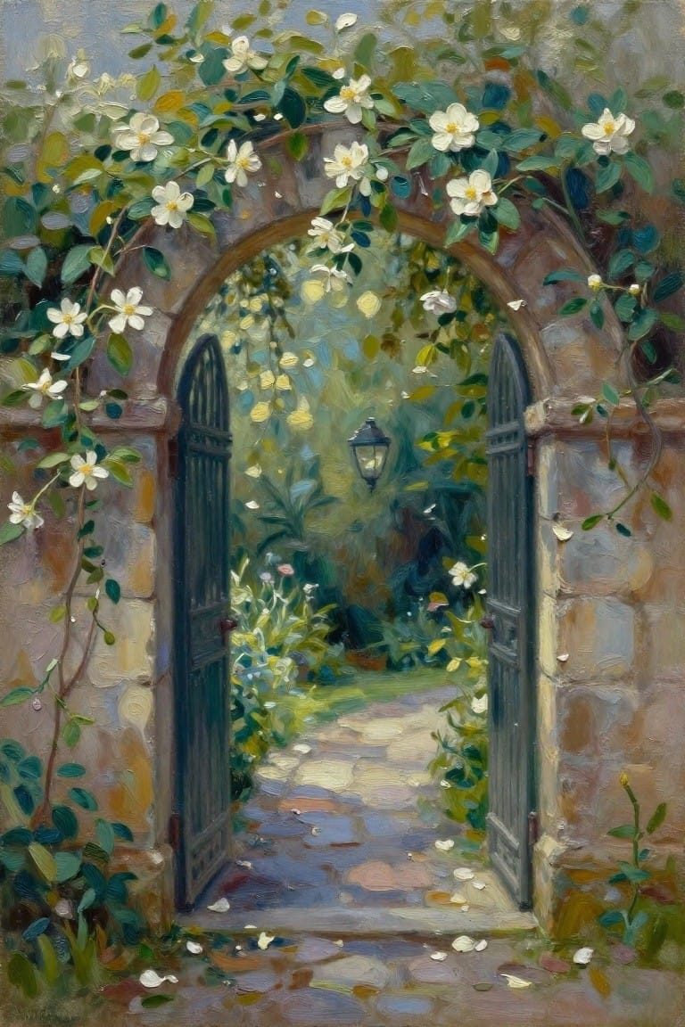 Open wooden gates in flower-draped stone archway overlooking lantern-lit garden path