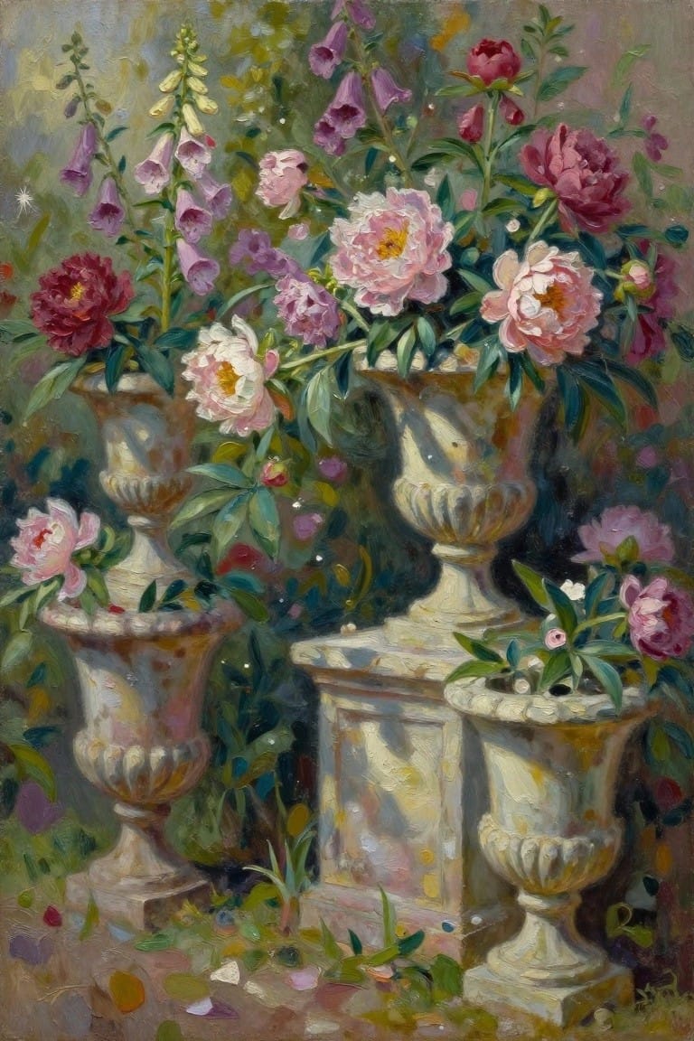 Ornate urns overflowing with pink peonies and purple foxgloves in a lush garden.