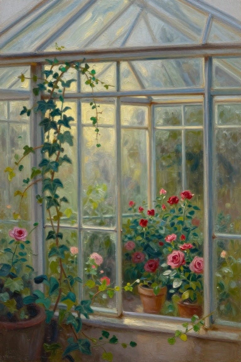 Sunlit greenhouse with potted red and pink roses and climbing ivy on windows.