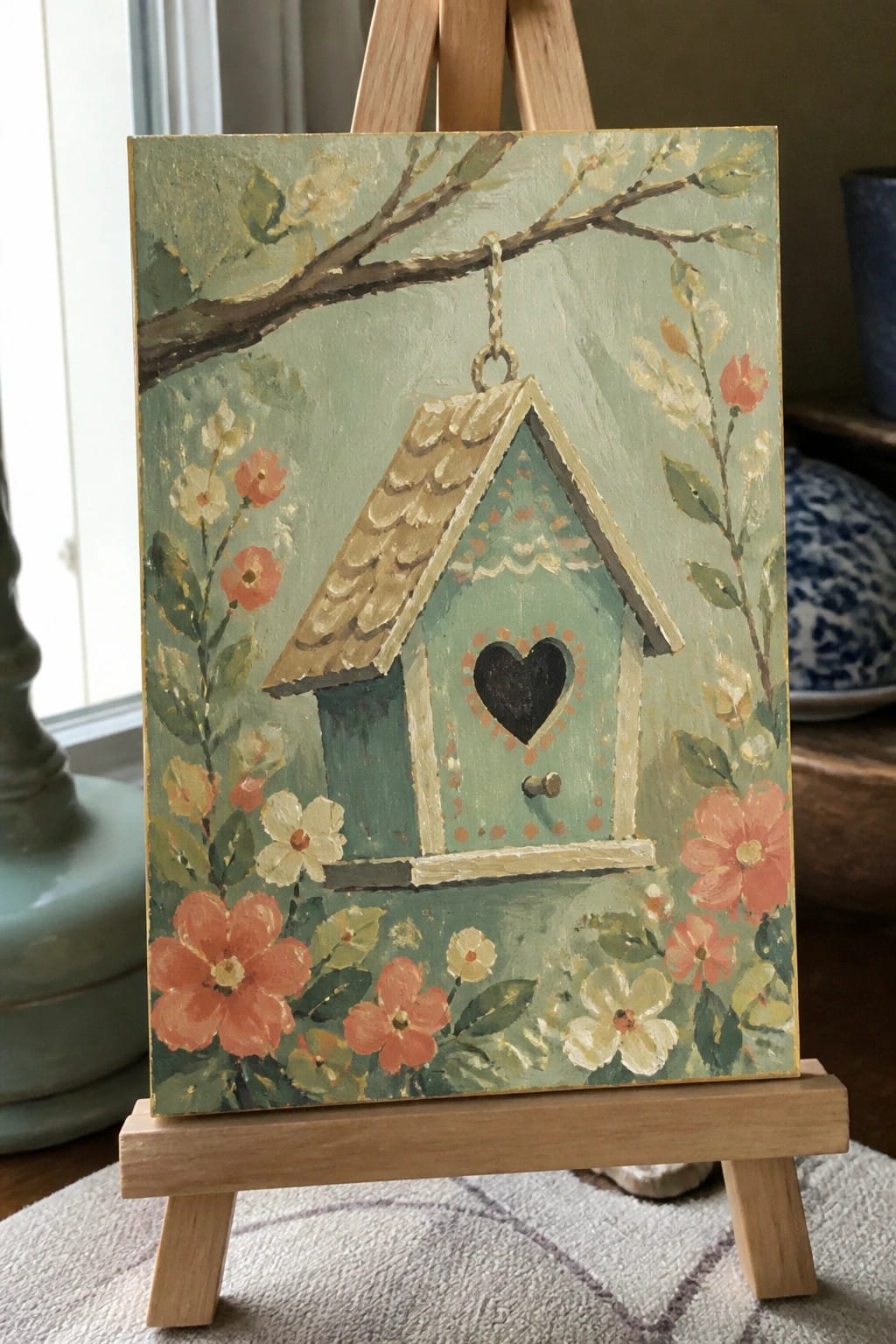 Pastel folk painting of teal birdhouse with heart cutout amid coral flowers on easel
