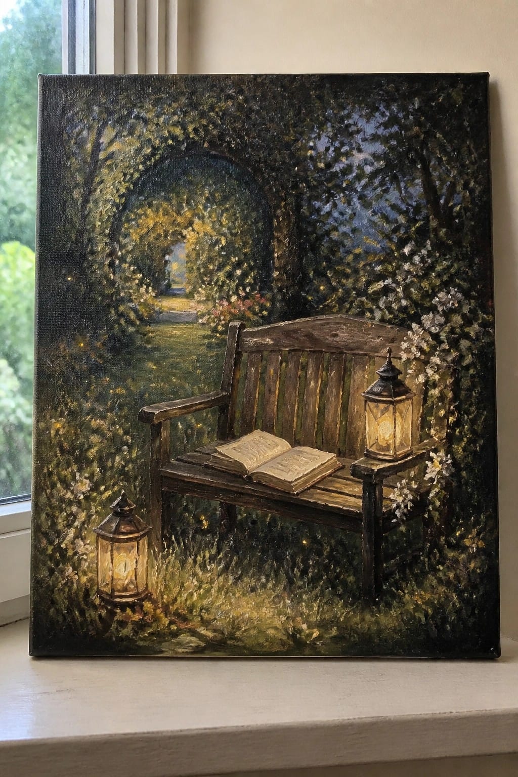 Wooden bench with open book and glowing lanterns under a flower-covered garden arch at night