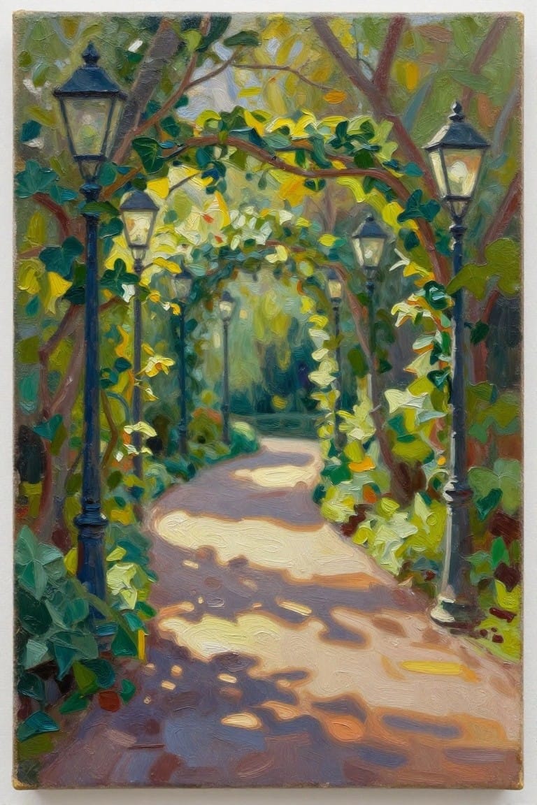 Impressionistic oil painting of a leafy path arched by glowing lampposts and foliage.
