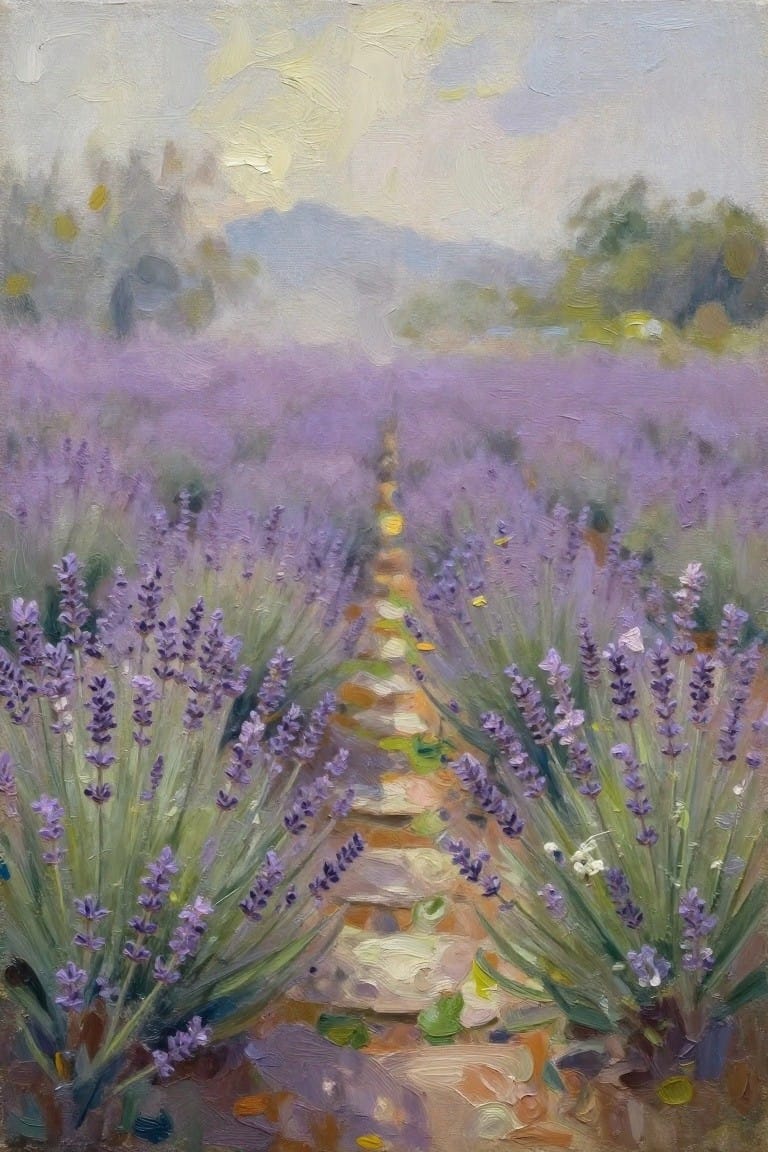 Oil painting of a stone path running through dense lavender bushes toward hazy mountains under a pale sky.