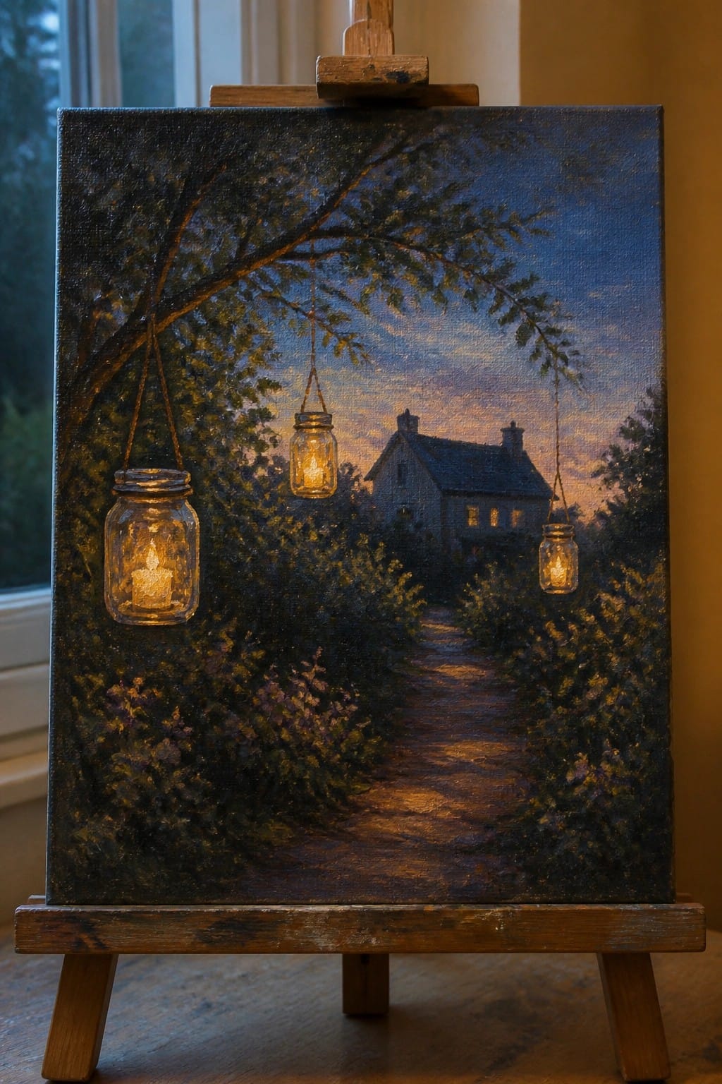 Oil painting on easel of three glowing jars over a twilight path to a house