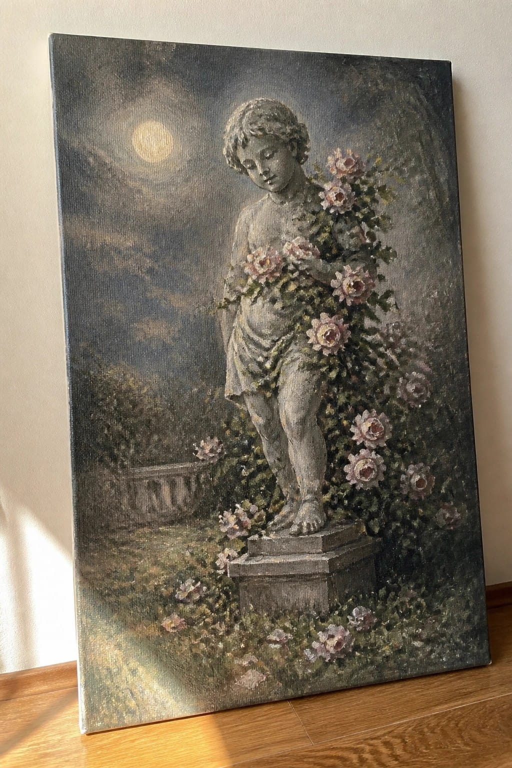 Stone cherub statue draped in pink roses on pedestal in moonlit garden