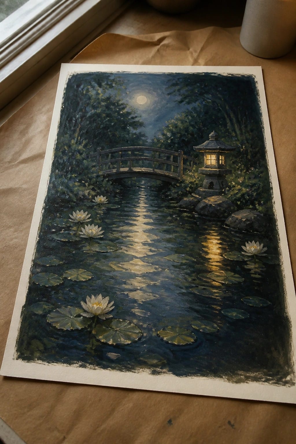 Moonlit pond with white lotuses, arched bridge, glowing lantern, and moonlight reflections