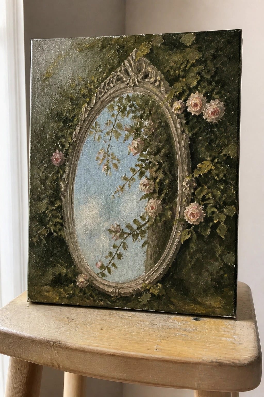 Ornate oval frame entwined with pink roses on green foliage atop wooden stool