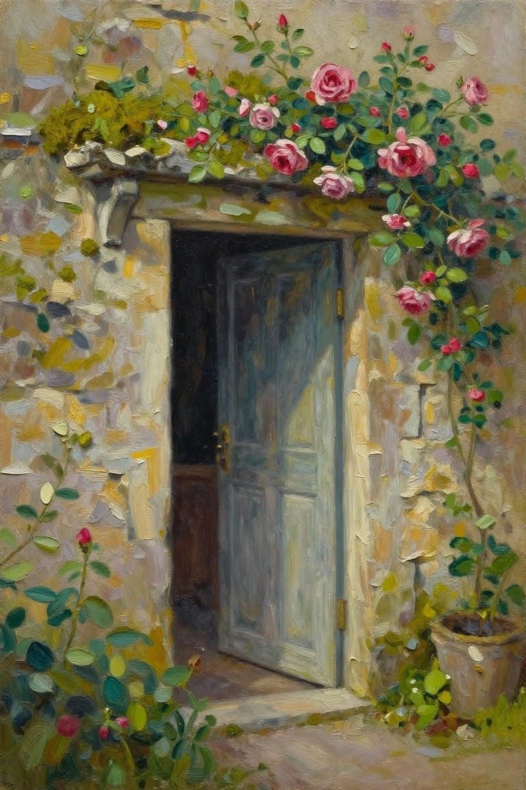 Open blue door in stone wall framed by blooming pink roses and vines
