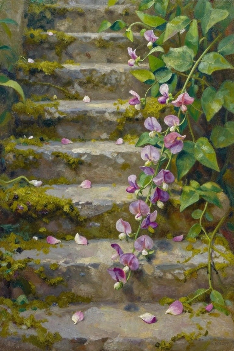 An oil painting of moss-covered stone garden steps with a pink flowering vine trailing down the right side and a few petals scattered on the stairs.