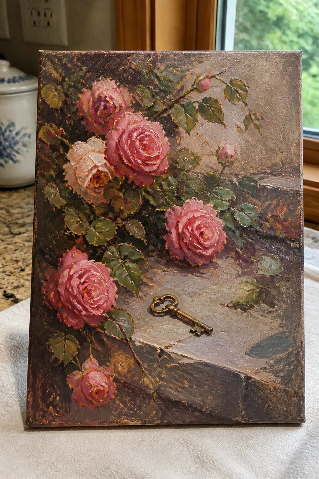 Pink roses with leaves and a golden key on a stone ledge in oil painting.