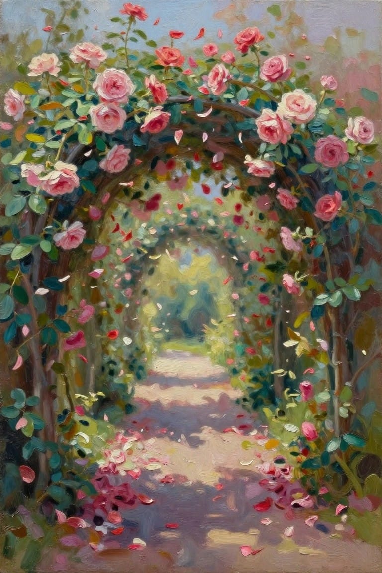 Lush pink roses arch over a petal-strewn garden pathway in soft light