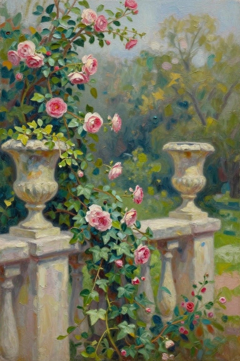 Pink roses and ivy climbing over two stone urns on a garden balustrade.