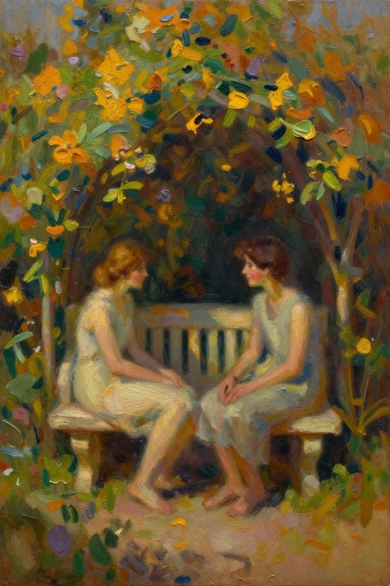 Two women in light dresses sit facing each other on a bench beneath an arch covered in yellow and orange flowers.