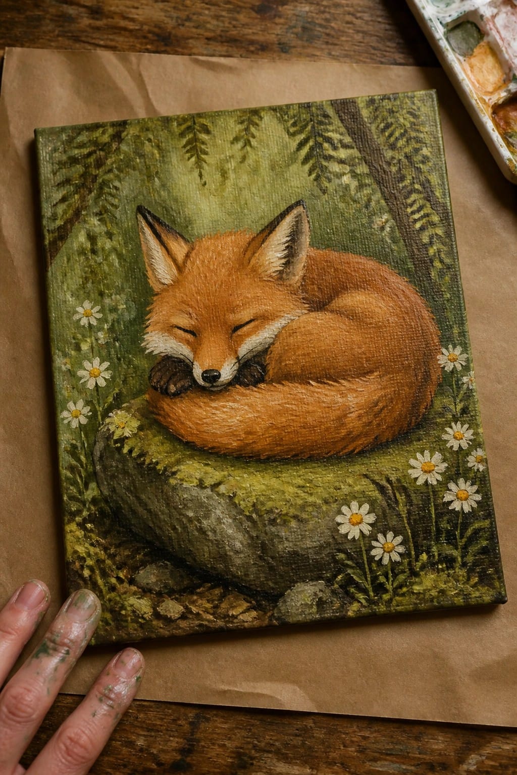 Painting of sleeping orange fox curled on mossy rock amid white daisies, paint-stained hand nearby