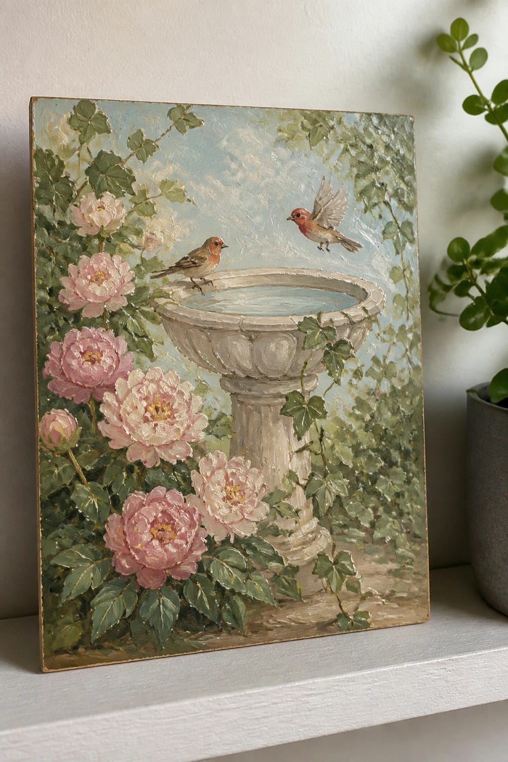 Impressionistic painting of a stone birdbath with pink peonies, ivy, and two finches.