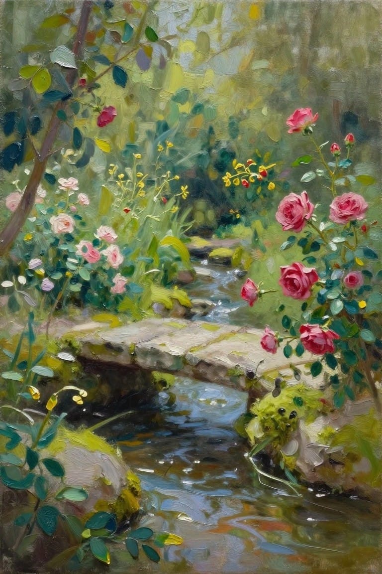 An oil painting of a small stream crossed by a stone bridge, with pink roses and green foliage on both banks.