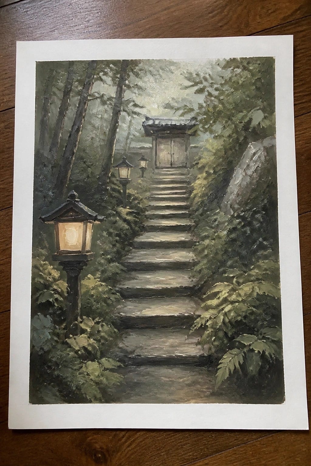 Glowing lanterns light stone steps ascending through misty forest to a distant shrine gate.
